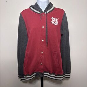 Harry Potter Hogwarts Varsity Hooded Jacket Burgundy Grey Snap Front Womens L